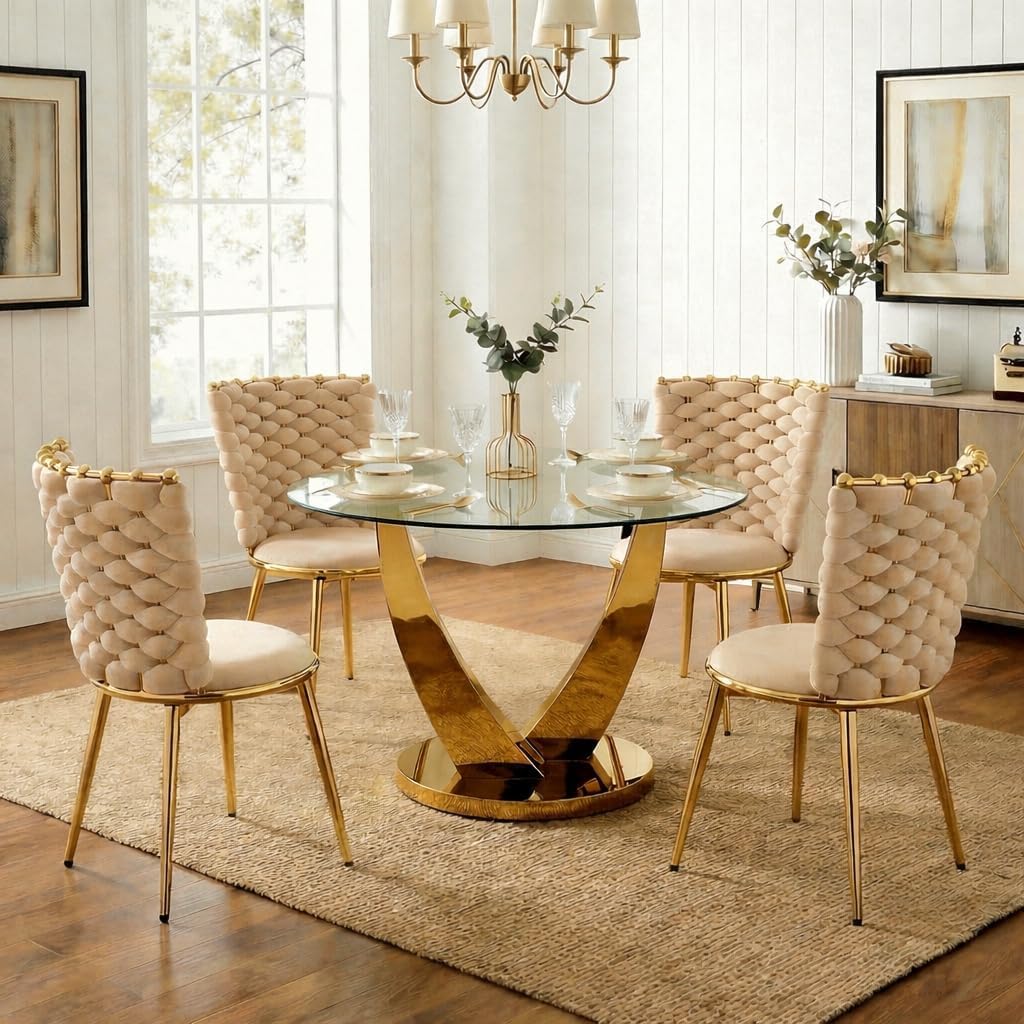 38.9" Round Glass Dining Table for 2-4, Modern Dining Room Table with Tempered Glass Tabletop & Stainless Steel Base, Round Glass Kitchen Table for Home, Small Space(Gold)