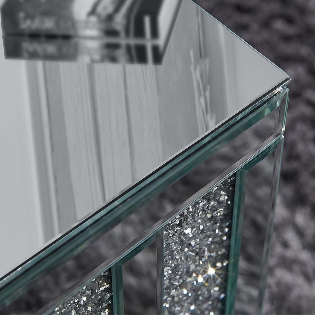 Crushed Diamond Side Table, Mirrored Accent End Table & Sofa Table for Living Room, Luxury Bling Crystal Nightstand, Fully Assembled Drop-Tested Packaging for Bedroom, Entryway