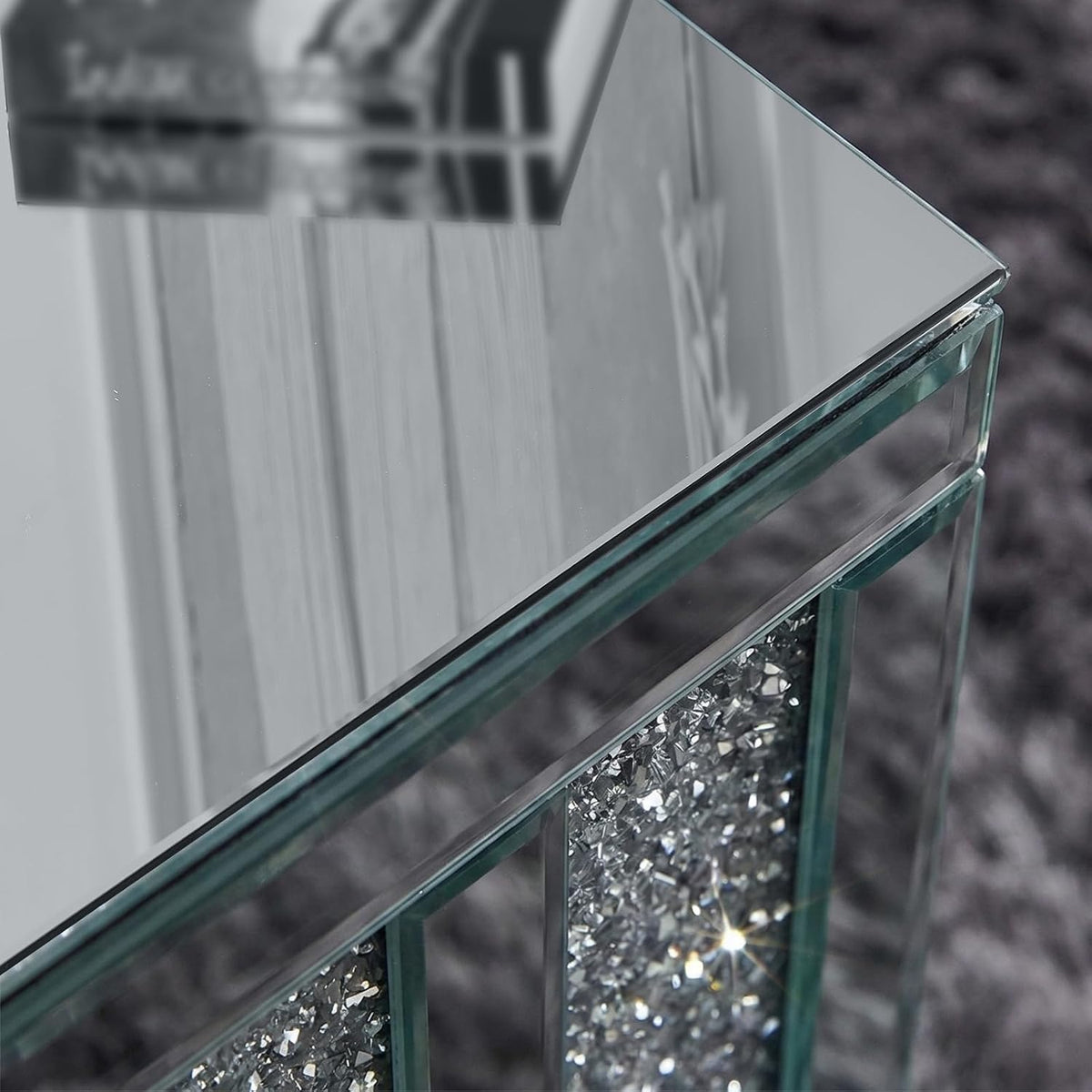 Crushed Diamond Side Table, Mirrored Accent End Table & Sofa Table for Living Room, Luxury Bling Crystal Nightstand, Fully Assembled Drop-Tested Packaging for Bedroom, Entryway