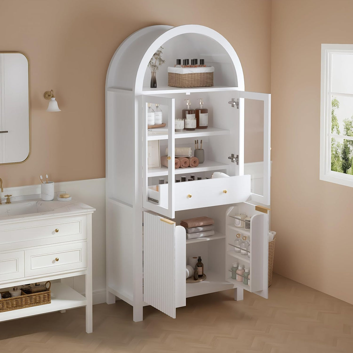 roomfitters 71" Tall Arched Pantry Cabinet with Fluted Glass Doors & Hidden Drawer, 4-Door Display Cupboard, White
