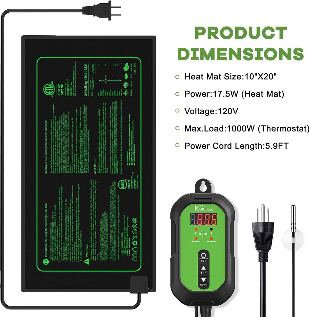 10"x 20" Seedling Heat Mat and Digital Thermostat Combo Set - KOKOPRO Warm Hydroponic Heating Pad for Seed Germination Indoor Gardening Greenhouse for Reptiles Seedlings Incubation Fermentation