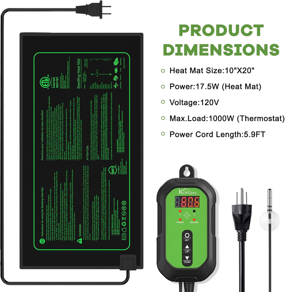 10"x 20" Seedling Heat Mat and Digital Thermostat Combo Set - KOKOPRO Warm Hydroponic Heating Pad for Seed Germination Indoor Gardening Greenhouse for Reptiles Seedlings Incubation Fermentation