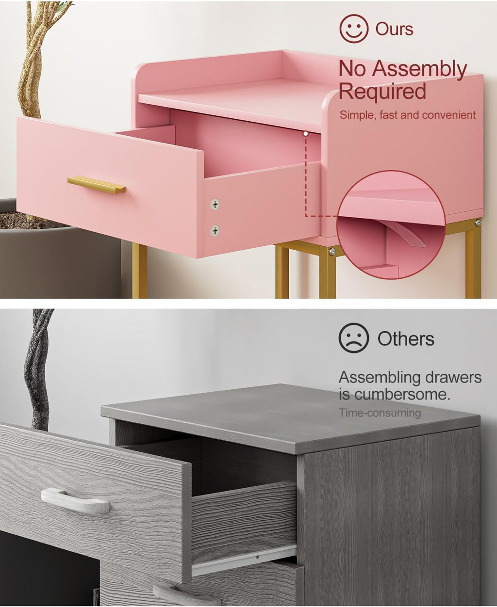 Nightstand, Modern Bedside Table with Drawer and Legs,Pink and Gold Night Stand with Open Shelf, Narrow Side Table for Bedroom, Living Room