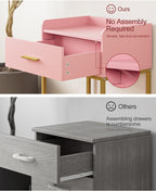 Nightstand, Modern Bedside Table with Drawer and Legs,Pink and Gold Night Stand with Open Shelf, Narrow Side Table for Bedroom, Living Room