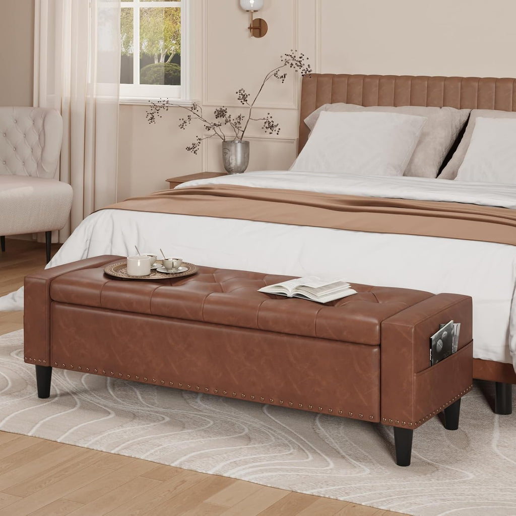 60" Storage Ottoman Bench, Faux Leather Upholstered Bed Bench, Brown | Benches with Tufted Buttons and Nailhead Trim, Large Ottoman with Storage for King Size End of Bed, Bedroom,Entryway,Hallway