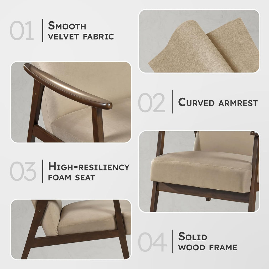 Lexicon Mid Century Modern Chair Velvet Accent Chair for Living Room Chair w/Solid Wood Armrests and Legs, Cushioned Seat and Backrest, Reading Chair and Lounge Chair for Bedrooms/Studios, Brown