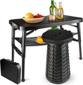 Portable Folding Table and Stool Set, Lightweight Foldable Table & Collapsible Stool for Camping Picnic Beach Fishing, Sturdy Small Outdoor Table with Mesh Layer Storage