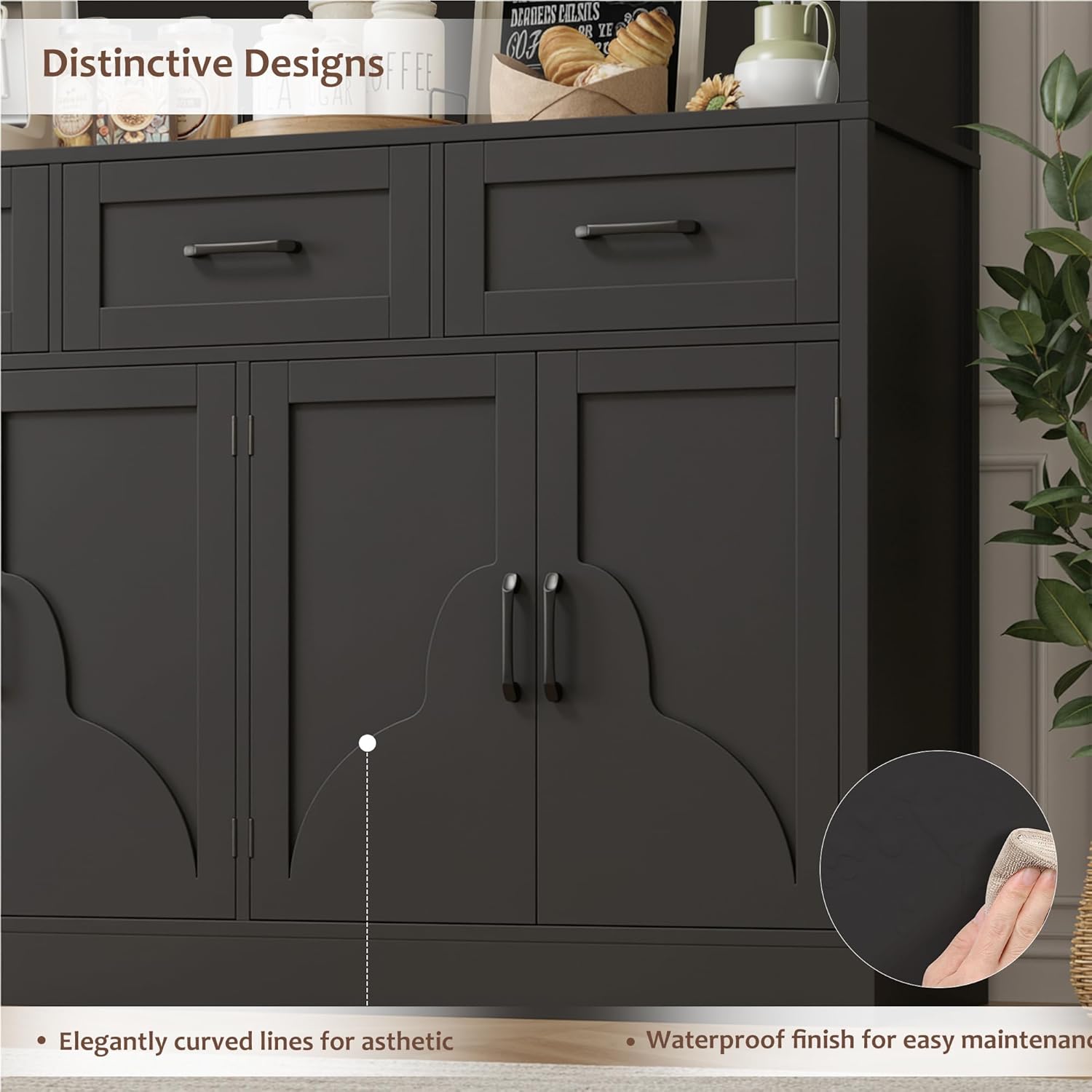 HITHOS 76" Tall Kitchen Pantry Storage Cabinet, 55“ Wide Kitchen Hutch Cabinet with Storage Drawers, Large Food Pantry with Microwave Stand, Modern Cupboard with Hutch for Dining Living Room, Black