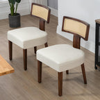 Rattan Dining Chairs Set of 2, Farmhouse Kitchen Chair with Cane Back & Wood Frame in Walnut Finish, Beige Linen Upholstered