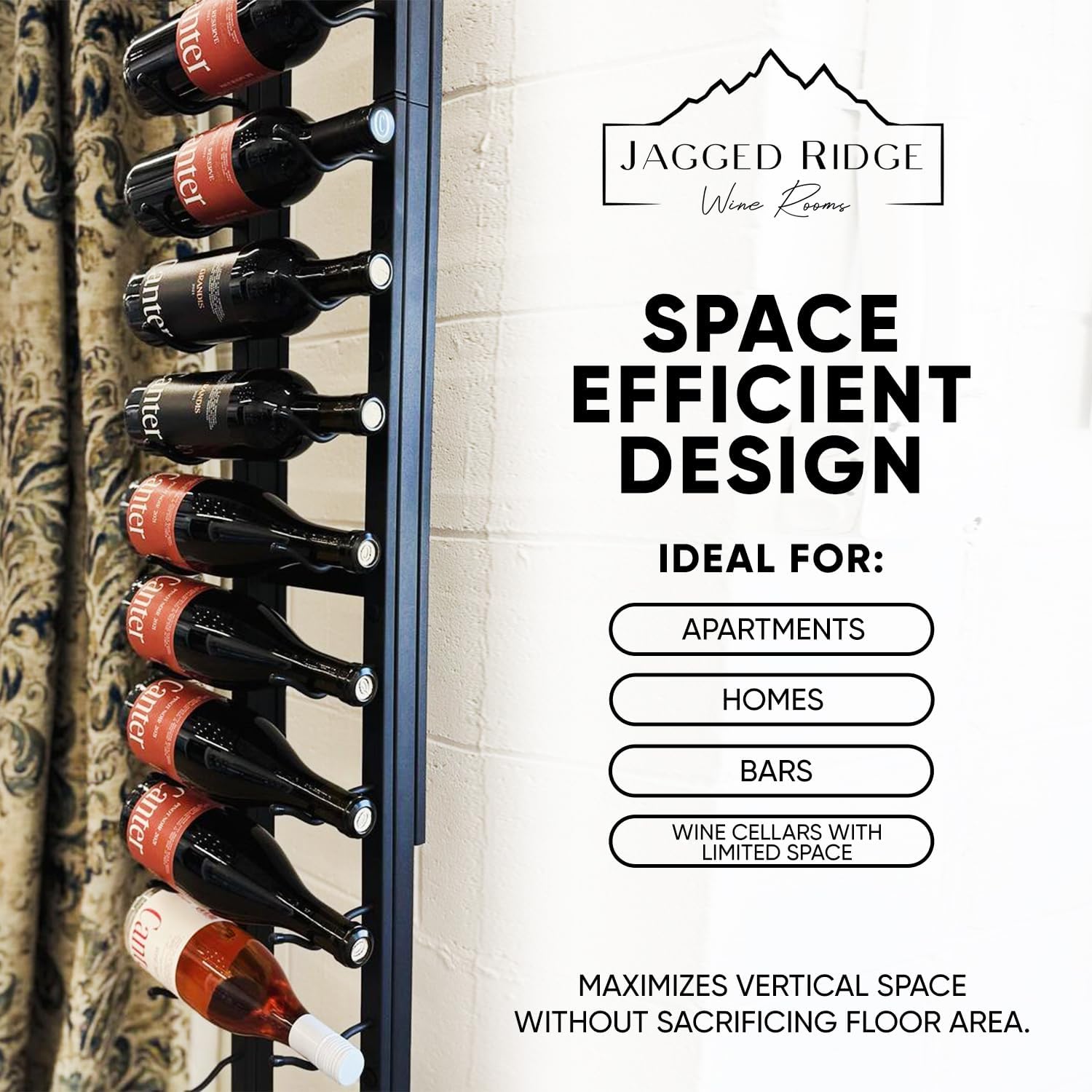 Jagged Ridge Floor-to-Ceiling Wine Rack Bundle 48 Bottles – (1) Floor-to-Ceiling Frame + (4) 12-Bottle Wall-Mounted Wine Racks – Luxurious, Modern, Space-Saving Metal Design for Home, Bar, or Kitchen