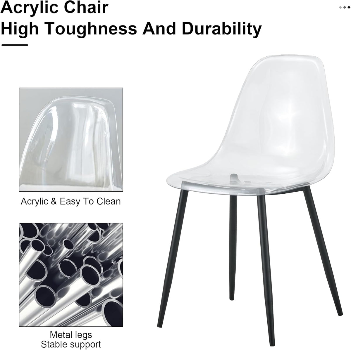 JUFU Acrylic Dining Chairs Set of 4, Modern Clear Chairs with Transparent Seat, Ergonomic Acrylic Side Chairs with Black Metal Legs for Dining Room, Kitchen, Living Room