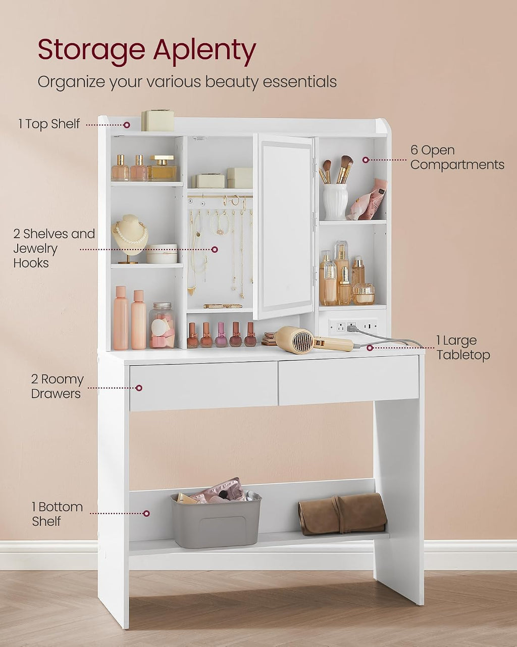 VASAGLE 35.4-Inch Vanity Desk with Mirror and Lights, 2 Drawers | Modern Vanity Table Set with Stool, Power Outlets, Jewelry Storage, 6 Compartments, Cloud White, KAILYN Collection URDT031W01
