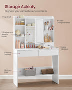 VASAGLE 35.4-Inch Vanity Desk with Mirror and Lights, 2 Drawers | Modern Vanity Table Set with Stool, Power Outlets, Jewelry Storage, 6 Compartments, Cloud White, KAILYN Collection URDT031W01