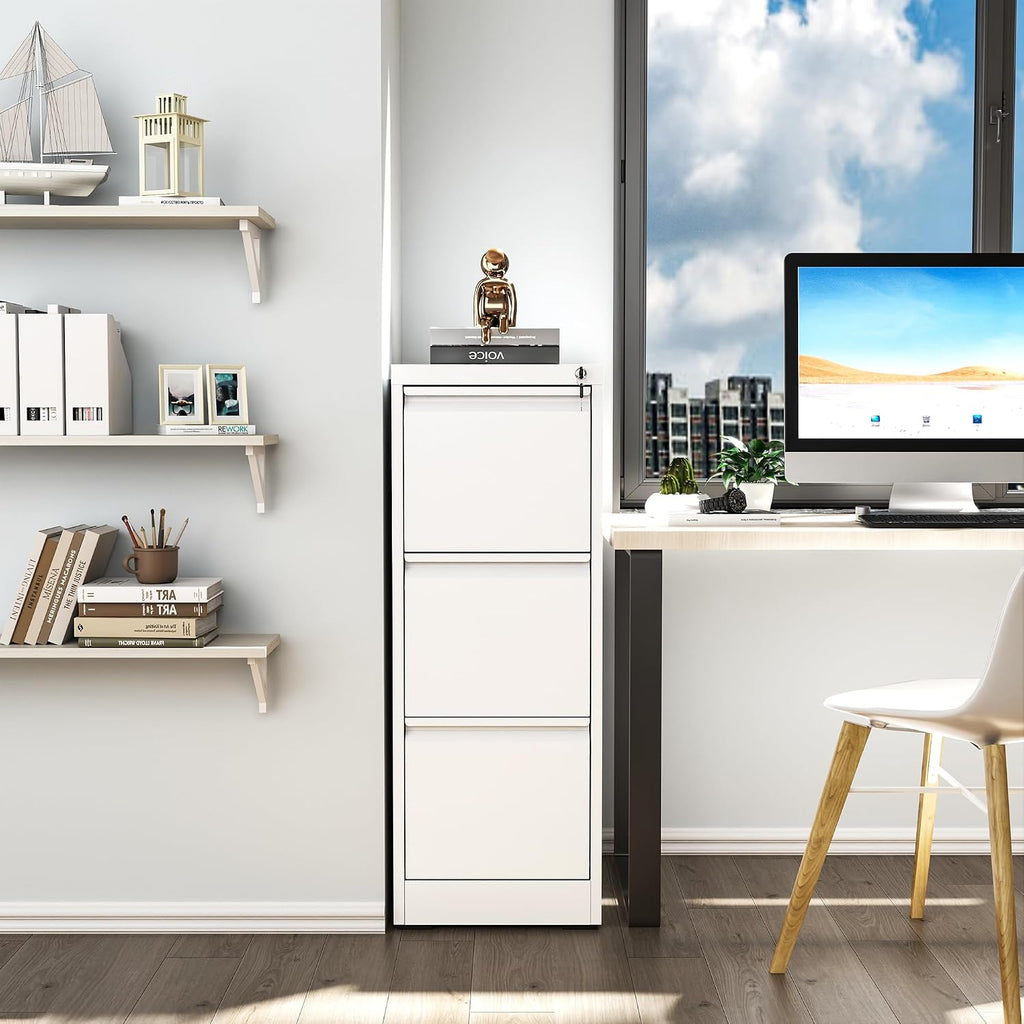3 Drawer File Cabinet, Vertical File Cabinets with Lock for Home Office,Heavy Duty Office Steel Filing Cabinet for Hanging Letters/Legal/A4, Assembly Required (White)