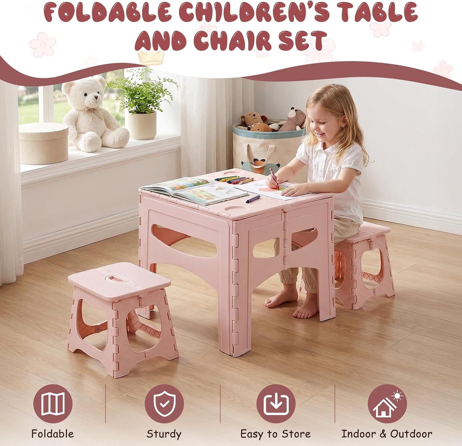 3-Piece Plastic Kids Folding Table and Chairs Set, Portable Activity Furniture with 2 Foldable Chairs for Playroom, Crafts, Snacks, Learning, Indoor Outdoor Use and Small Spaces Light Pink