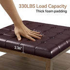 ABHENG 31.5" Large Square Storage Ottoman, Upholstery Solid Rubberwood Coffee Couch Table with Open Shelf, Foot Stool Load up to 330lb, Sythetic Leather Brown UASND67R