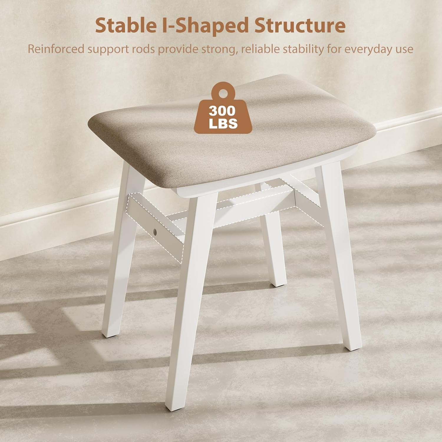 Muwuele Solid Wood Vanity Stool, Compact Makeup Chair with Saddle Cushion, Linen-Covered High Rebound Sponge Seat, Easy Assembly Footstool for Bedroom, Entryway, Home, White