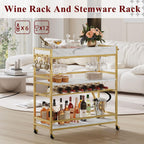 BON AUGURE Gold Bar Cart on Wheels for Home with Wine Rack & Glass Holders | 3-Tier, Rolling Serving Cart for liquor, Wine and Beverages, Lockable Mobile Wheels for Home Bars, Faux Marble+ Gold Frame