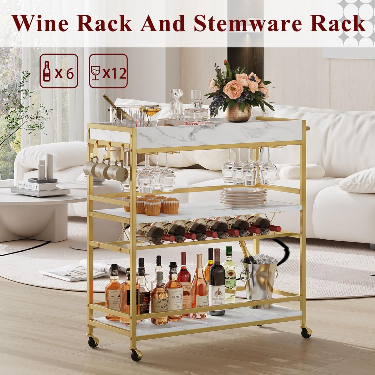 BON AUGURE Gold Bar Cart on Wheels for Home with Wine Rack & Glass Holders | 3-Tier, Rolling Serving Cart for liquor, Wine and Beverages, Lockable Mobile Wheels for Home Bars, Faux Marble+ Gold Frame
