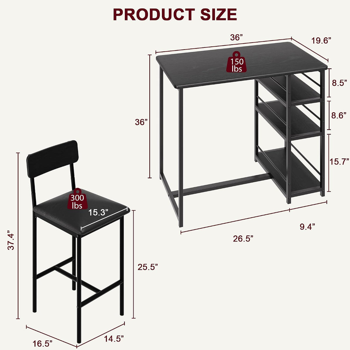IDEALHOUSE Dining Table Set for 2, Counter Height Kitchen Table and Chairs, Bar Table Set with 2 Upholstered Bar Stools, 3 Piece Dining Room Table Set for Small Space, Apartment, Retro Black