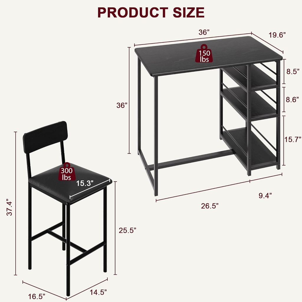 3-Piece Small Bar Table and Chairs Set for 2,Small Dining Table with 2 PU Cushioned Stools,3 Storage Shelves, Space Saving Kitchen Table Set for Breakfast Nook, Apartment, Bistro,Black.