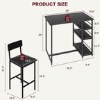 3-Piece Small Bar Table and Chairs Set for 2,Small Dining Table with 2 PU Cushioned Stools,3 Storage Shelves, Space Saving Kitchen Table Set for Breakfast Nook, Apartment, Bistro,Black.