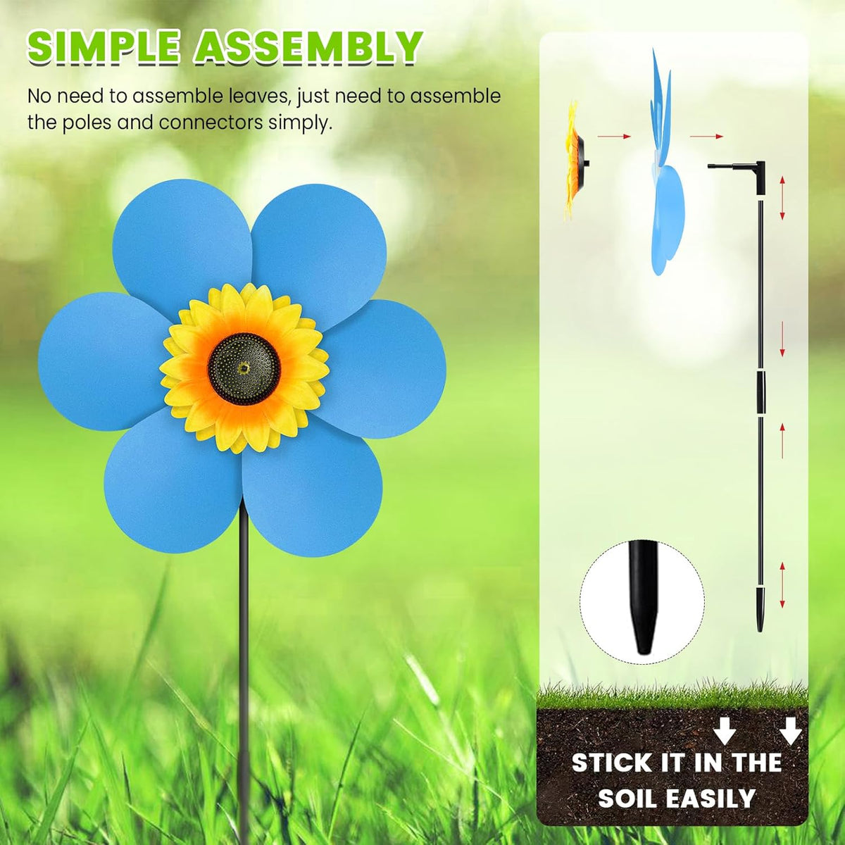 6PCS Sunflower Wind Spinners with Stakes 14" W x 29" H Wind Spinners Lawn Pinwheel Rainbow Windmill Outdoor Pinwheels for Yard Decoration（Multicolor）