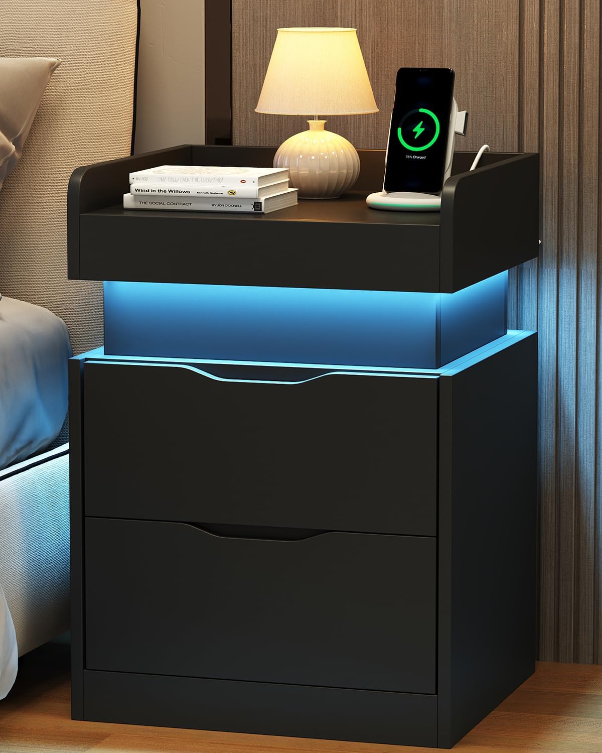 Modern Nightstand with Sliding Top, Night Stand with Charging Station and LED Lights, Bedside Table with 2 Drawers, End Side Table for Bedroom, Living Room, Office, Black