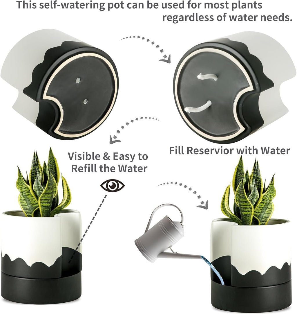 Nihow Self Watering Plant Pot: 8 Inch Ceramic Planter with Drainage Hole & Water Storage Plus for Indoor & Outdoor Plants - Cylinder Round Flower Pot for Succulent/Herbs/Violets - White & Wave Black