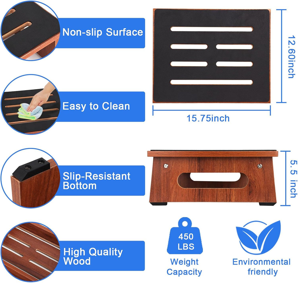 One Step Stool for Adults Seniors with Non-Slip Rubber Stepping Feet, Heavy Duty Wooden Step Stools for Bathroom, Bedroom, Kitchen & Bedside Support (Rustic Brown, 5.5 Inch-Noctilucent)