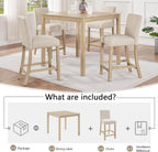 RuiSiSi 5-Piece Counter Height Dining Table Set, Square Dining Table White with 4 Upholstered Chairs, Solid Wood Kitchen Table and Chairs Set for Kitchen, Light Oak + Beige