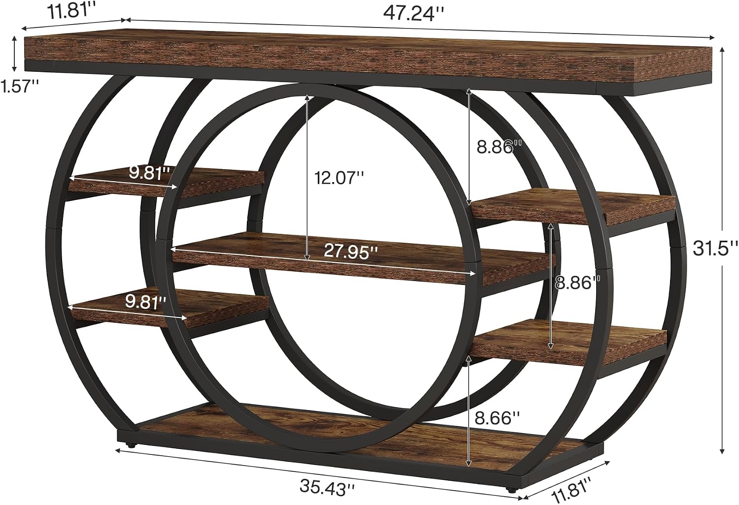 Tribesigns 47" Console Table for Living Room, 5-Tier Industrial Entryway Table with Metal Frame, Narrow Sofa Table Behind Couch Accent Tables for Entryway, Hallway, Foyer, Rustic Brown