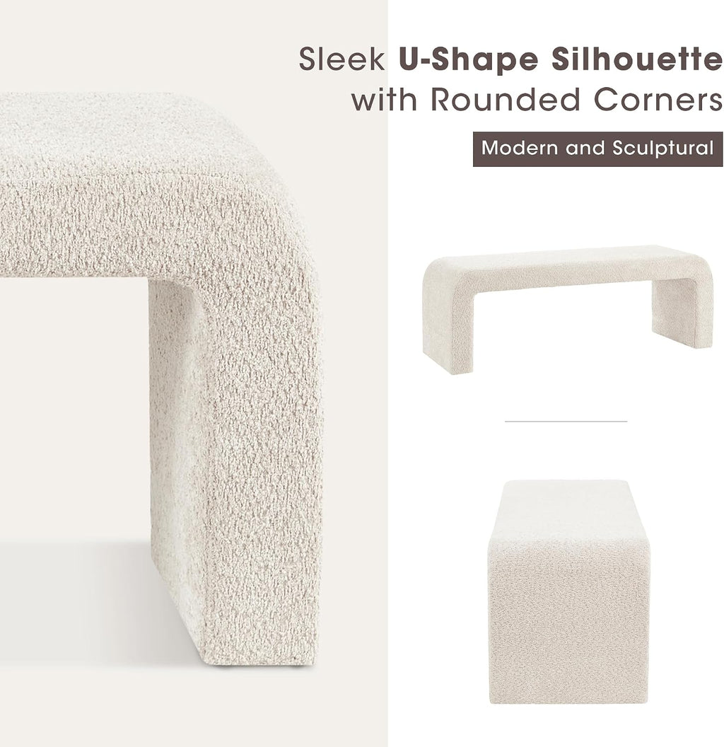 Ink+Ivy Steve Entryway Accent Bench Padded, Cozy Plush Boucle Upholstered Bench for Living Room, Modern Curved Corner Compact Bed End Bench for Bedroom, Indoor Seating, Fully Assembled, 42" W Cream