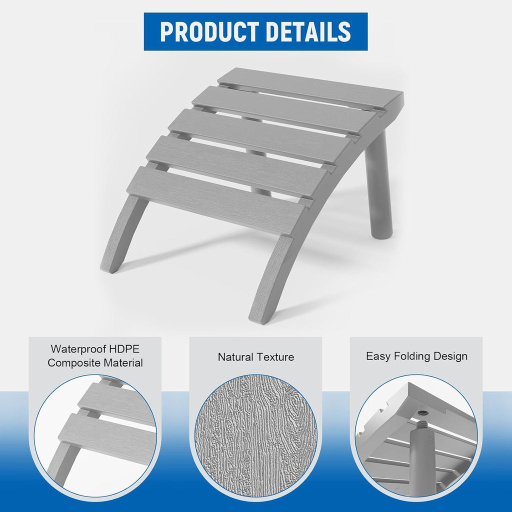 FONTOI Adirondack Ottoman, HDPE Plastic Adirondack Chair Footstool, All Weather Outdoor Footrest for Patio, Backyard, Lawn, Fire Pits, Grey