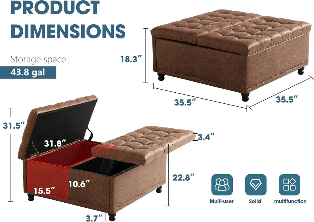 Grepatio 35.5" Large Square Storage Ottoman, Lift Top Ottoman Square Bench with Storage, Tufted Upholstered Ottomans, Ottomans Coffee Tables for Living Room, Bedroom (Brown)