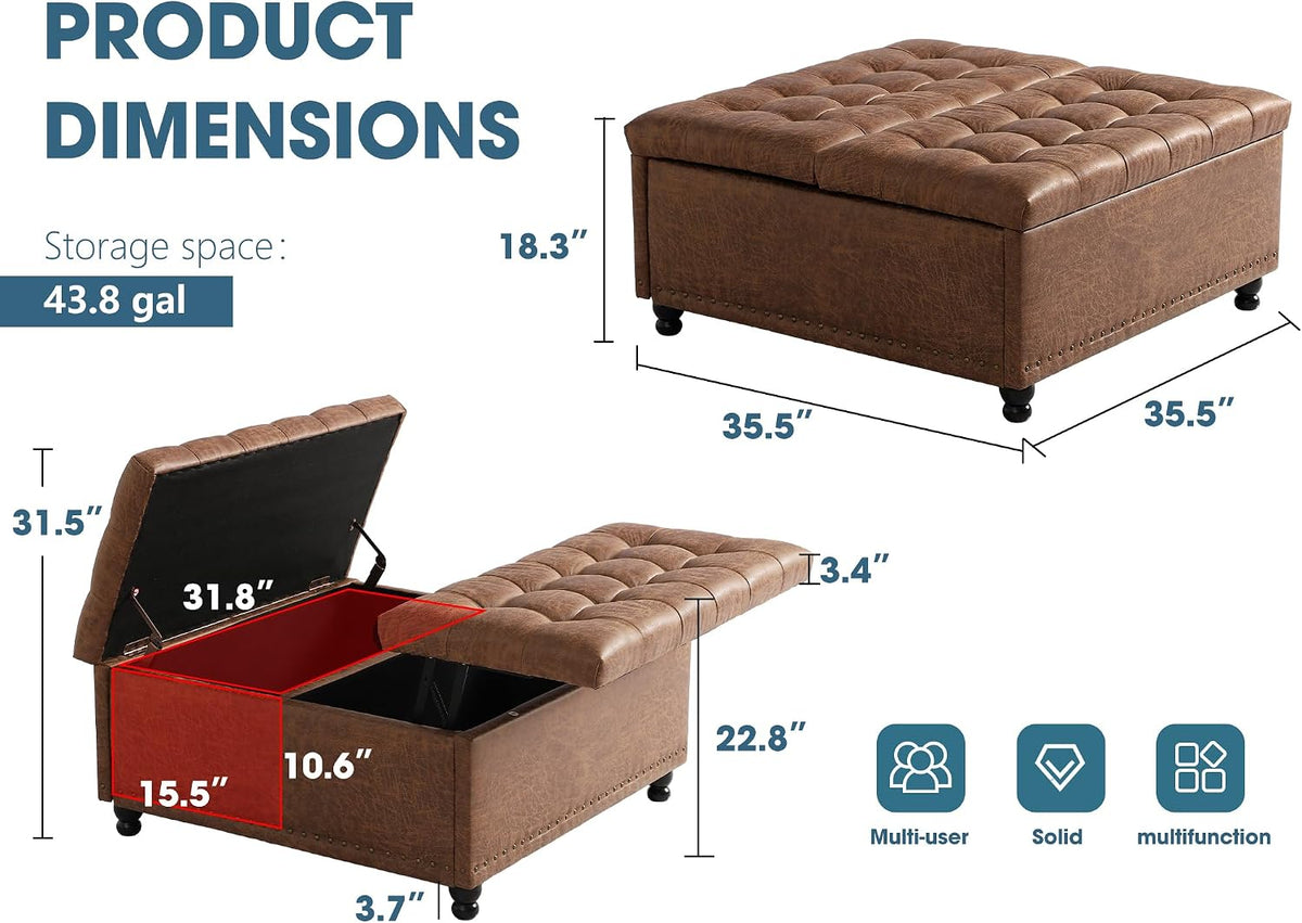 Grepatio 35.5" Large Square Storage Ottoman, Lift Top Ottoman Square Bench with Storage, Tufted Upholstered Ottomans, Ottomans Coffee Tables for Living Room, Bedroom (Brown)