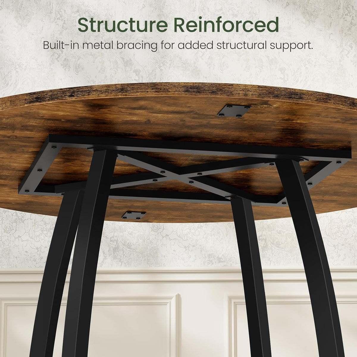CHOEZON 47.2-Inch Round Dining Table for 4, Kitchen Dining Room Circle Dinner Pedestal Table, Farmhouse Kitchen Table with Retro Brown Tabletop, Curved Black Metal Legs, Easy Assembly TCZ13BFC1