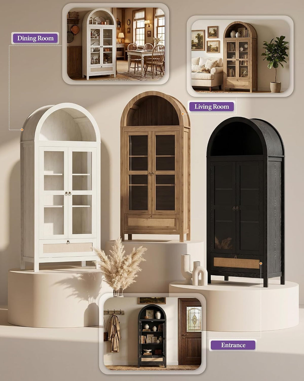 TYBOATLE 71'' Arched Pantry Cabinet with Glass Door for Kitchen Dining Room | Arch Storage Cabinet, Versatile Cupboard with Innovative Drawer and Anti-Tip Device, Kitchen Dining, Natural