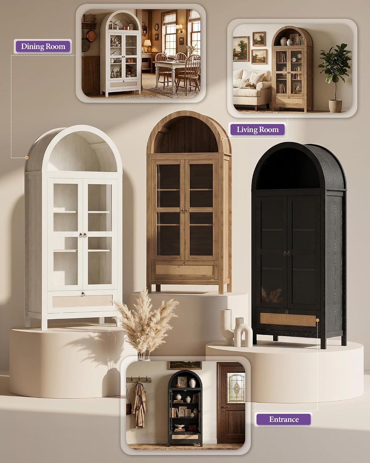 TYBOATLE 71'' Arched Pantry Cabinet with Glass Door for Kitchen Dining Room | Arch Storage Cabinet, Versatile Cupboard with Innovative Drawer and Anti-Tip Device, Kitchen Dining, Natural
