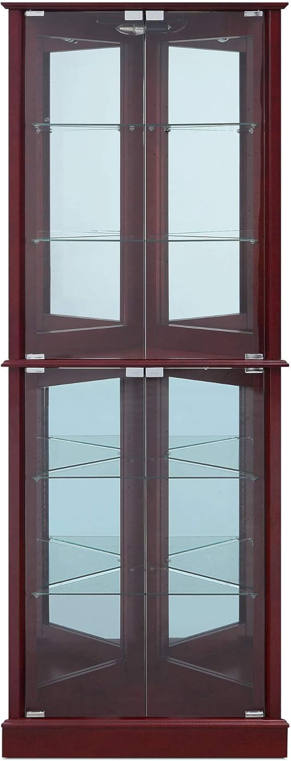 BELLEZE Lighted Corner Display Curio Cabinet Wooden Shelving Unit with Tempered Glass Door, Bar and Liquor Storage Area with 6 Shelves - Woody (Cherry)