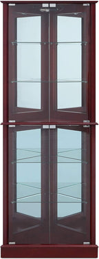 BELLEZE Lighted Corner Display Curio Cabinet Wooden Shelving Unit with Tempered Glass Door, Bar and Liquor Storage Area with 6 Shelves - Woody (Cherry)