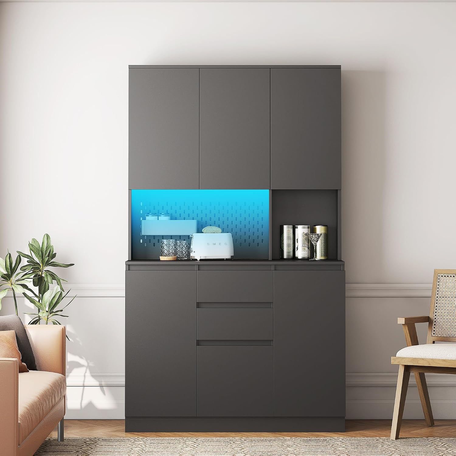 roomfitters 74" Kitchen Pantry Cabinet with Charging Station & USB Ports, Large Food Storage Cupboard, Microwave Stand, Black