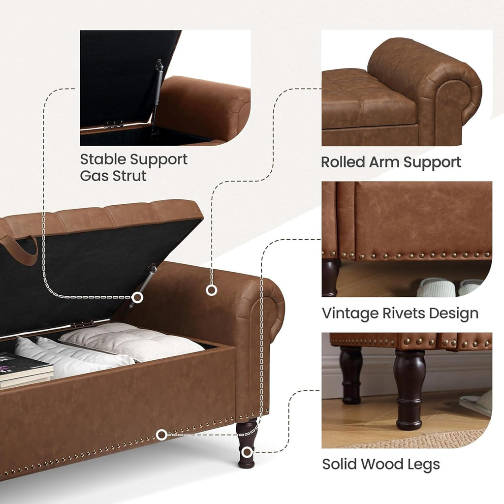 YOUDENOVA 60" Entryway Bench with Storage, PU Leather End of Bed Bench with Tufted Button, Upholstered Ottoman Bench with Rolled Arms for Living Room, Storage Room, Bedroom, Brown