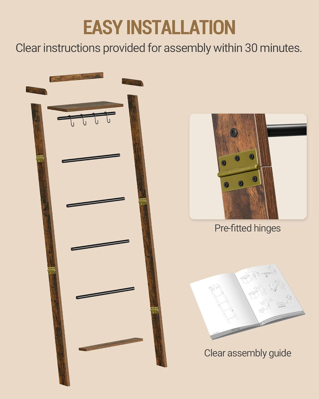 Hzuaneri Blanket Ladder Shelf, Decorative Quilt Rack, 7-Tier Farmhouse Ladder Holder Organizer with 4 Removable Hooks 7.9" D x 17.3" W x 66.9" H, Rustic Brown BR36801B