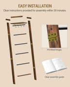 Hzuaneri Blanket Ladder Shelf, Decorative Quilt Rack, 7-Tier Farmhouse Ladder Holder Organizer with 4 Removable Hooks 7.9" D x 17.3" W x 66.9" H, Rustic Brown BR36801B