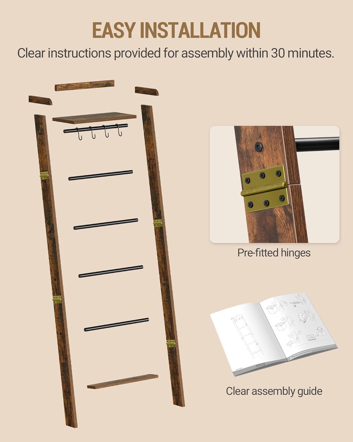 Hzuaneri Blanket Ladder Shelf, Decorative Quilt Rack, 7-Tier Farmhouse Ladder Holder Organizer with 4 Removable Hooks 7.9" D x 17.3" W x 66.9" H, Rustic Brown BR36801B