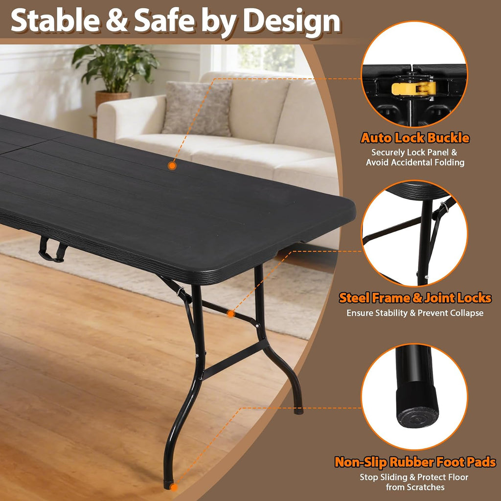 Portable Folding Table, Heavy Duty Plastic Event Picnic Table Indoor Outdoor Camping, 4FT with Handle Lock for Banquet, Black