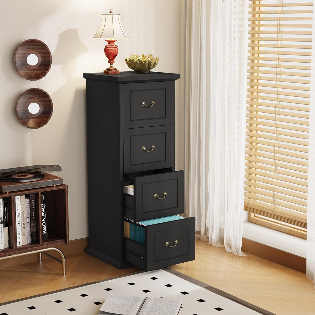 Tribesigns 4-Drawer File Cabinet for A4/Letter/Legal Files, Black | Tall Wooden Filing Cabinet, Vertical File Storage Printer Stand with Hanging Rails for Home Office, Modern Vintage Style