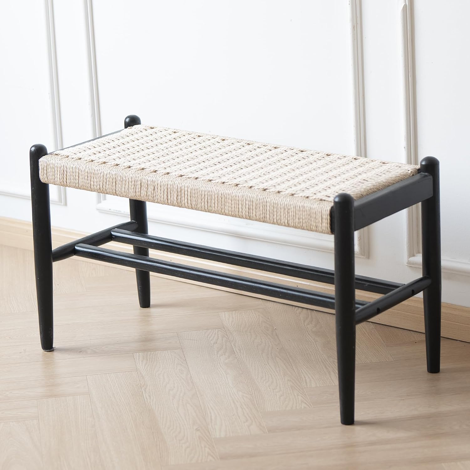 Solid Wood Entryway Bench with Shoe Storage, Rustic Oak Wood and Woven Design 31.5 Inch Long Seating for Living and Dining Rooms,Black