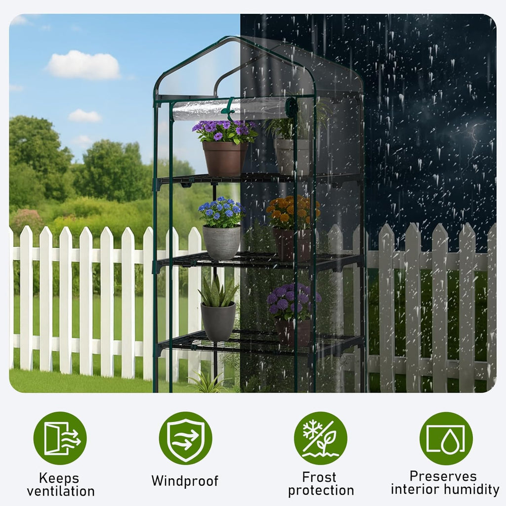 Outvita Mini Greenhouse, Small PVC Plant Green House with 4 Tiers Rack, Shelf Clips, Roll-up Zipper Door, Gardening Supplies for Indoor Outdoor Seedling Frost Protection, 27"x19.6"x63" Transparent